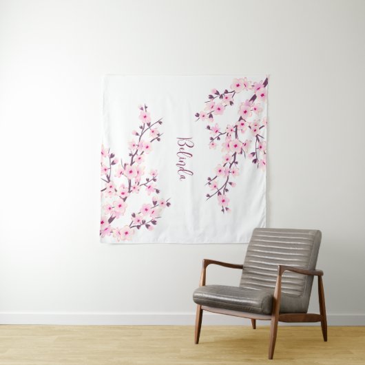 Roze witte kers bloesem monogram wandkleed (In Situ (horizontaal))