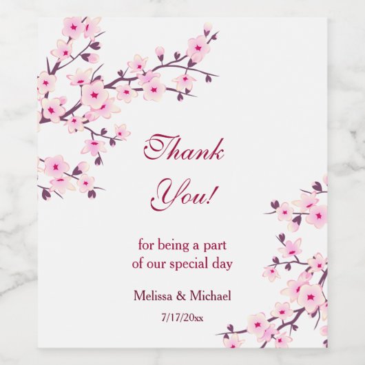 Roze witte kersebloesem dank je trouw wijn etiket (Enkel label)