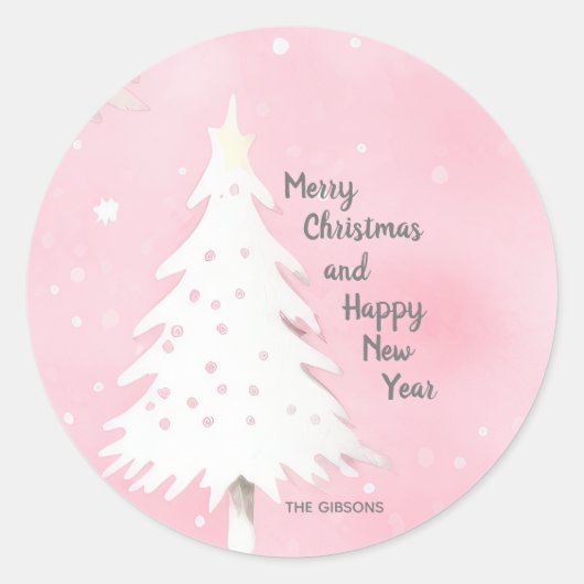 Roze Witte Kerst  Waterverf Ronde Sticker (Voorkant)