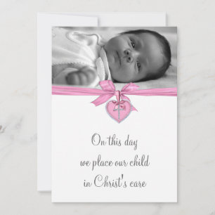 Roze Witte Kruis Baby Meisje Foto Doop Kaart