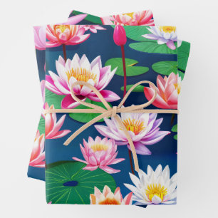 Roze Witte Lotus Waterlelie Bloemen & Groene Blade Inpakpapier Vel