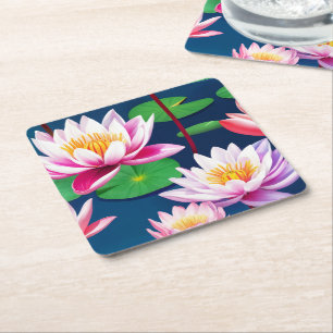 Roze Witte Lotus Waterlelie Bloemen & Groene Blade Vierkante Kartonnen Onderzetter