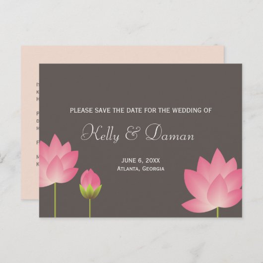 Roze witte lotusbloemen modern grijs save the date aankondigingskaart (Voorkant / Achterkant)