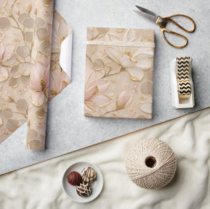 Roze & Witte Magnolia Bloemrijke Gouden Elegante  Cadeaupapier