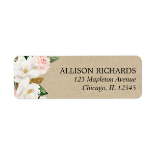 Roze witte magnolia rustic kraft floral greenery etiket
