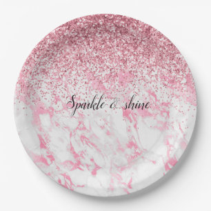 Roze witte marmer Glitter Papieren Bordje