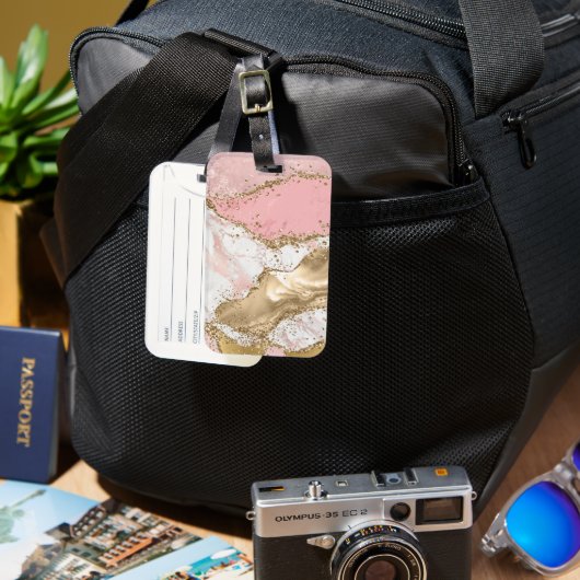 Roze Witte Marmer Goud Glitters Bagagelabel (Voorkant & Achterkant)