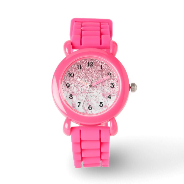 Roze witte marmeren glitter glinstering horloge (Voorkant)