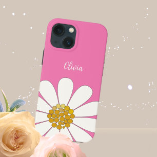 Roze witte moderne Daisy Flower Personalize Name iPhone 13 Mini Hoesje