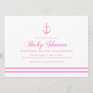 Roze & Witte Nautische Baby Shower Uitnodiging