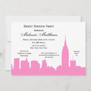 Roze Witte NYC Silhouet Sweet Sixteen Kaart