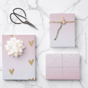 Roze witte ombre Gold Glitter Heart Inpakpapier Vel