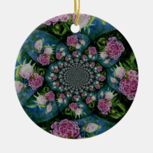 Roze witte pioen floral waterverf mandala keramisch ornament