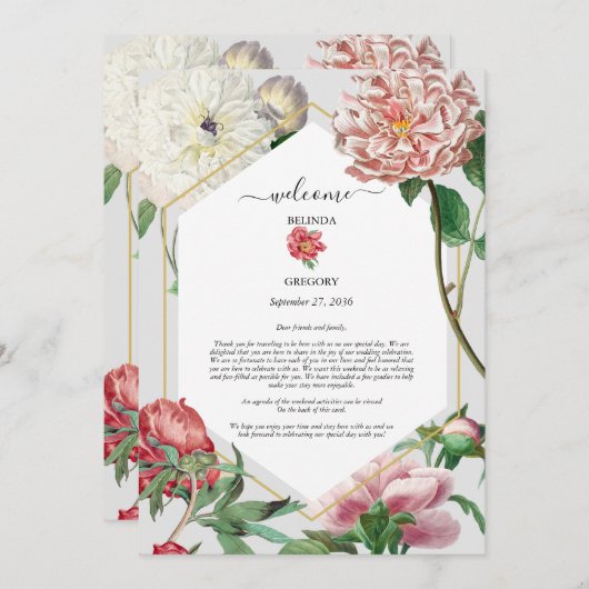 Roze Witte Pioenen Bloemen Bruiloft Route Programma (Voorkant / Achterkant)