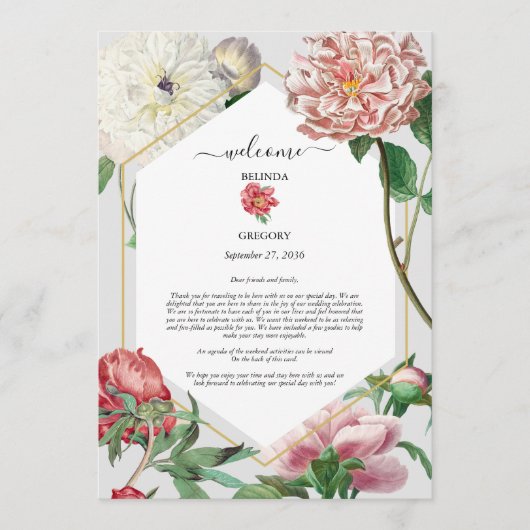 Roze Witte Pioenen Bloemen Bruiloft Route Programma (Voorkant)