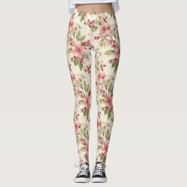 Roze, witte poinsettia's, groen en rode bessen leggings