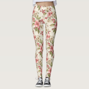 Roze, witte poinsettia's, groen en rode bessen leggings