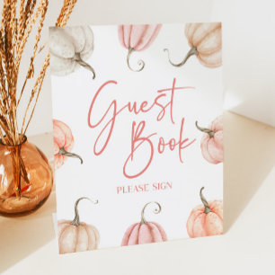 Roze Witte Pompoen Herfst Herfst Gastboek Reclamebord Met Voetstuk