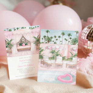 Roze & Witte Pool Cabana Uitnodiging voor Poolpa