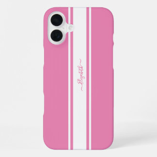 Roze Witte Racing Strepen Monogrammeerde Meisjesac iPhone 16 Plus Hoesje