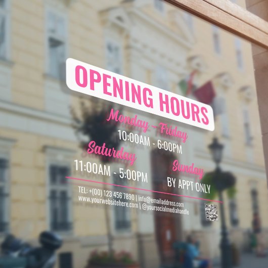 Roze & Witte Retro Script QR Code Openingstijden Raamsticker