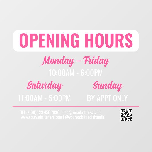 Roze & Witte Retro Script QR Code Openingstijden Raamsticker (Vel)