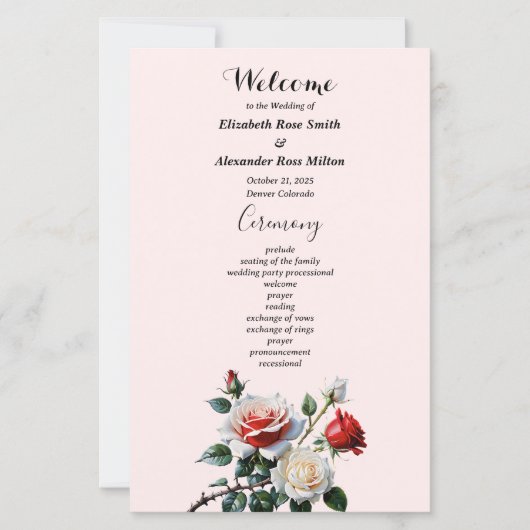  roze witte rode rozen huwelijksprogramma (Voorkant)
