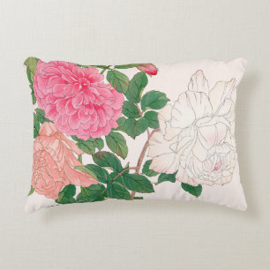 Roze & Witte Rose Bloemen met Groene Bladeren Accent Kussen