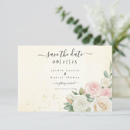 Roze & Witte Rose Blooms Flat Save The Date Kaart (Staand voorkant)