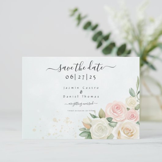 Roze & Witte Rose Blooms Flat Save The Date Kaart (Staand voorkant)