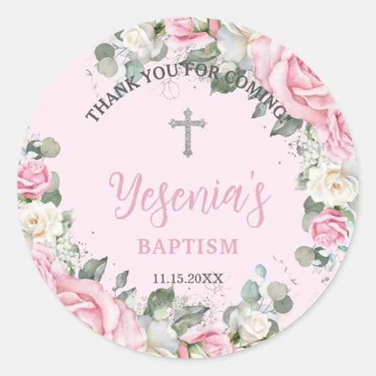 Roze witte rozen bloemendaptis Geschenken Ronde Sticker (Voorkant)