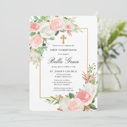 Roze witte rozenbloem Eerste Heilige Communie Uitn Kaart (Staand voorkant)