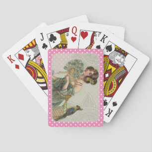 Roze & Witte Stippen Vintage Dame en Papegaai Pokerkaarten