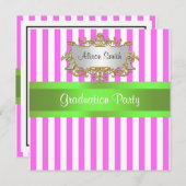 Roze Witte Streep Lime Lint Afstudeer Uitnodiging (Voorkant / Achterkant)