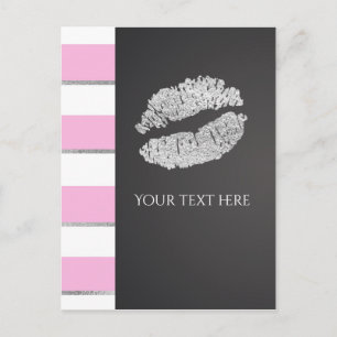 Roze & Witte Streep Nep Zilver Glitter Lippen Even Briefkaart
