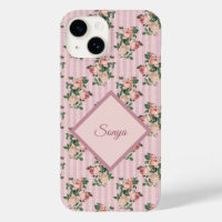 Roze Witte Strepen en Slingerende Rozen Monogram
