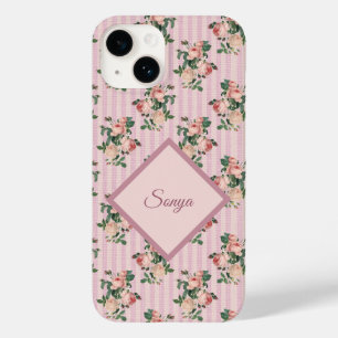Roze Witte Strepen en Slingerende Rozen Monogram Case-Mate iPhone 14 Hoesje