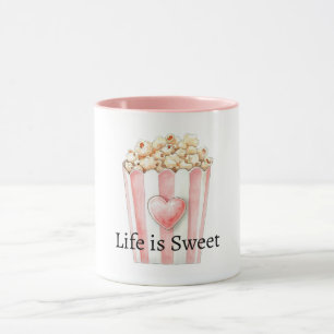 Roze Witte Strepen Hart Popcorn Life is Sweet Mok