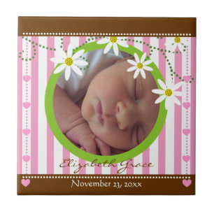 Roze witte strepen & madeliefjes baby's meisje aan tegeltje