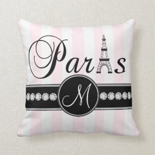 Roze witte strepen zwarte Parisian Monogram Pillow Kussen