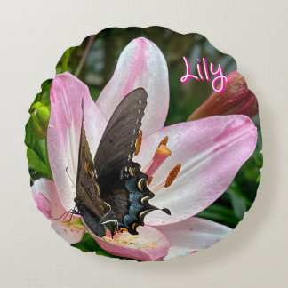 Roze Witte Tijger Lilly Bloem Blauwe Vlinder Naam Rond Kussen