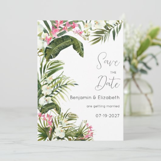 Roze witte tropische orchidee bloemen Save the Dat Kaart (Staand voorkant)