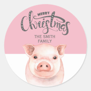 Roze Witte Varken Vrolijk Kerstmis Familienaam Ronde Sticker