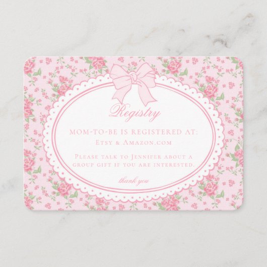Roze & Witte Vintage Fantasie Bloemen Baby Cadeau Informatiekaartje (Voorkant)