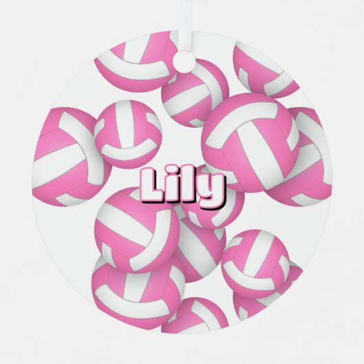 Roze witte volleyballen Een atleet naam Keepsake Metalen Ornament (Voorkant)