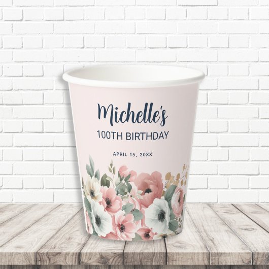 Roze Witte Waterverf Bloemen 100ste Verjaardag Papieren Bekers