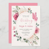 Roze witte Waterverf Bloemen Rozen bruiloft Kaart (Voorkant / Achterkant)