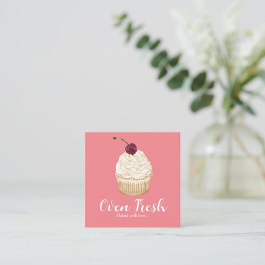 Roze Witte Waterverf Cupcake Bakkerij Vierkante Visitekaartje (Staand voorkant)
