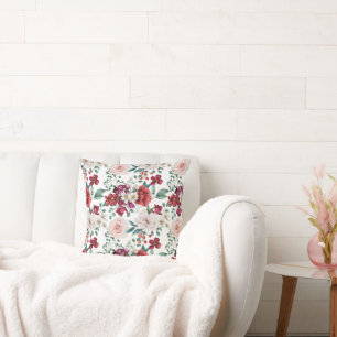 Roze witte Waterverf Peonies Daisies Kussen