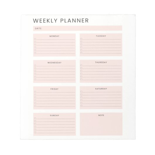 Roze witte weekse planner-organisator om lijst te  notitieblok (Voorkant)